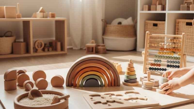 Various Montessori games wooden toys arranged on the floor for toddlers to explore, stack, and play.