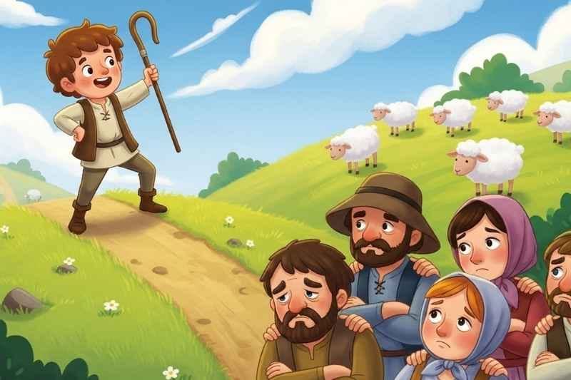 A smiling shepherd boy named Timmy while the villagers look upset and frustrated, illustrating the consequences of false alarms.