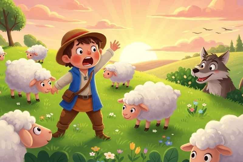 An upset shepherd boy named Timmy watches as a wolf approaches to take his sheep, highlighting the consequences of lost trust.