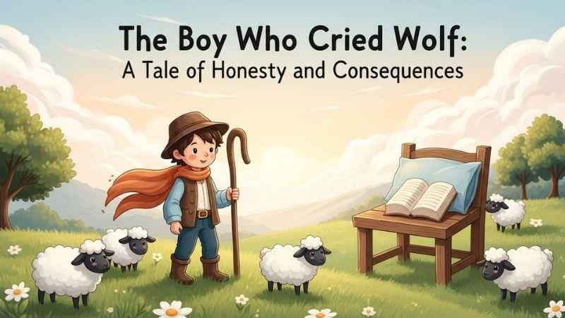 A cheerful shepherd boy standing on a green hill with his sheep grazing nearby and an open book resting on a chair.