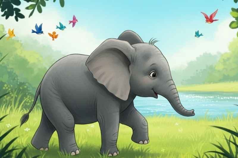 The brave little elephant Eli begins his adventure in the jungle, walking happily through the forest.