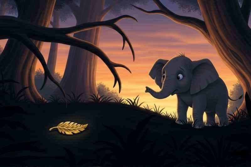 The brave little elephant Eli looking for his lost golden leaf toy on a dark mountain slope.