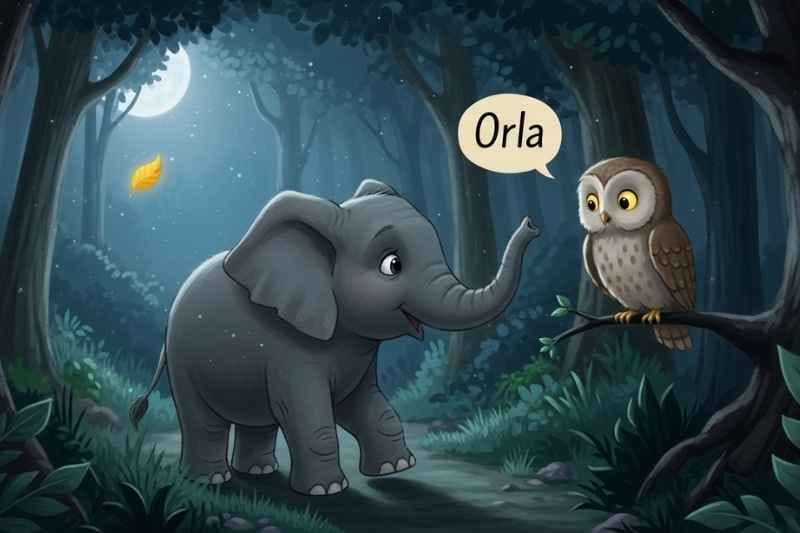 The brave little elephant Eli listening to his wise friend Orla the owl in the jungle.