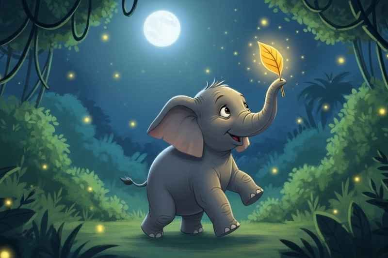 The brave little elephant Eli joyfully finds his favorite golden leaf toy and celebrates his victory in the jungle.