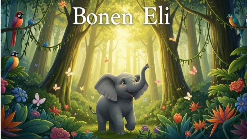 The brave little elephant Eli walking through a beautiful jungle filled with green trees and sunlight.
