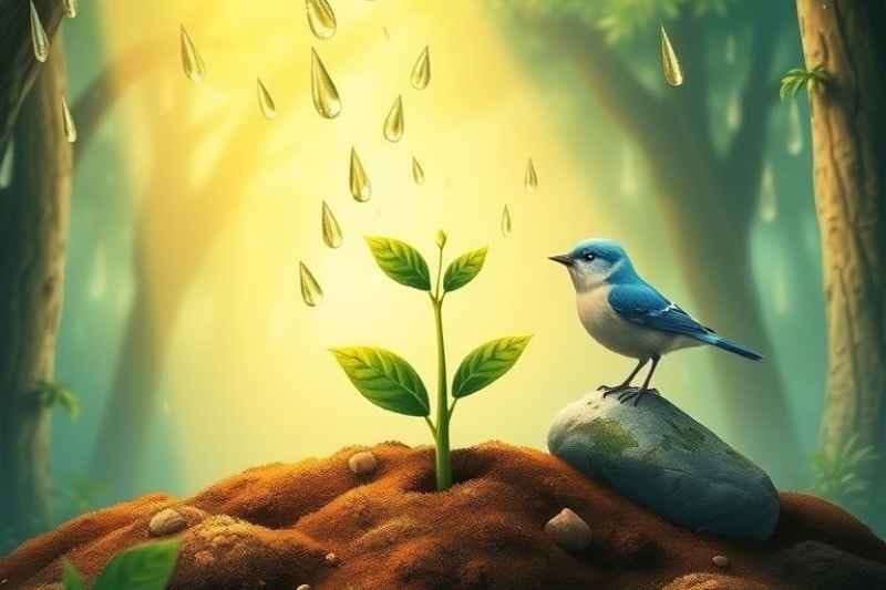 A bird watches a little seed that has sprouted a few days later under warm sunlight, symbolizing hope, growth, and resilience.