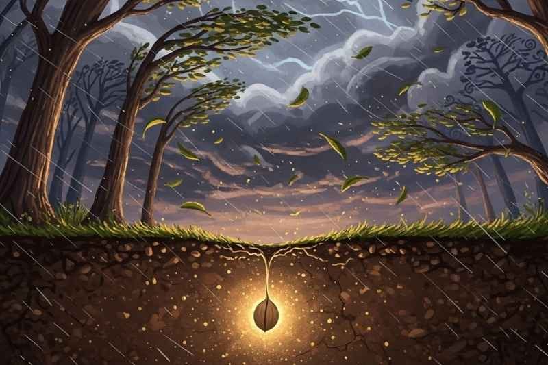 A small seed struggles to stay grounded in stormy weather with dark clouds and rain, symbolizing courage, resilience, and overcoming fear.