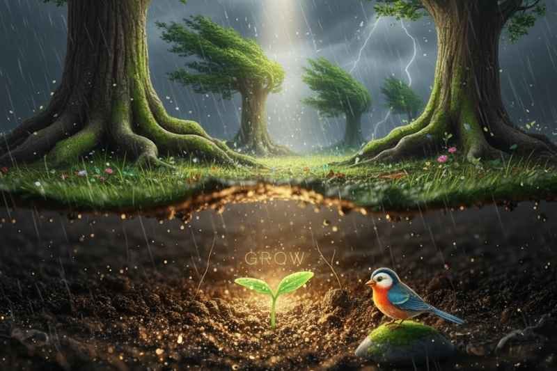 A small seed stands in the rain as a bird gently advises it to stay strong during the storm, symbolizing courage, support, and inner strength.