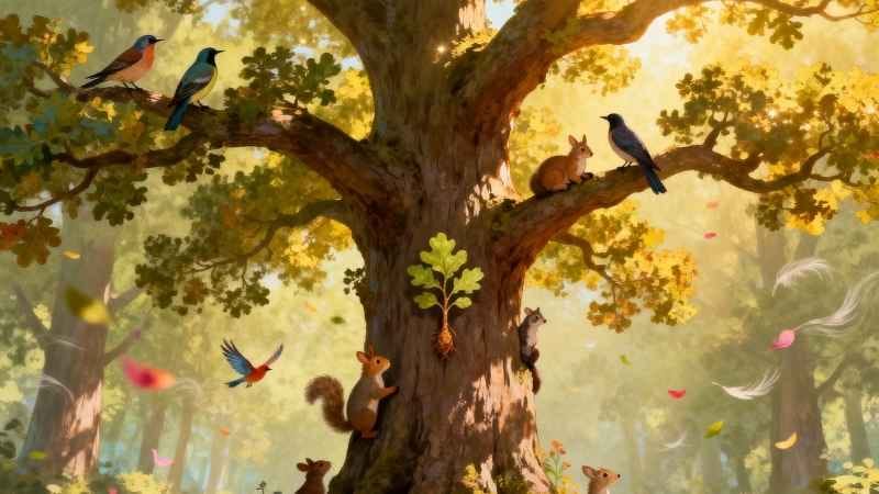 A mighty tree bathed in golden sunlight with birds, bunny, and other animals gathered around, symbolizing growth, courage, and new beginnings from a brave little seed.