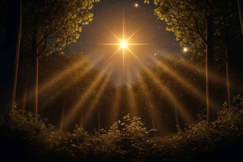 A golden star shines brightly above a quiet forest at night, spreading warm light that symbolizes kindness, hope, and compassion.