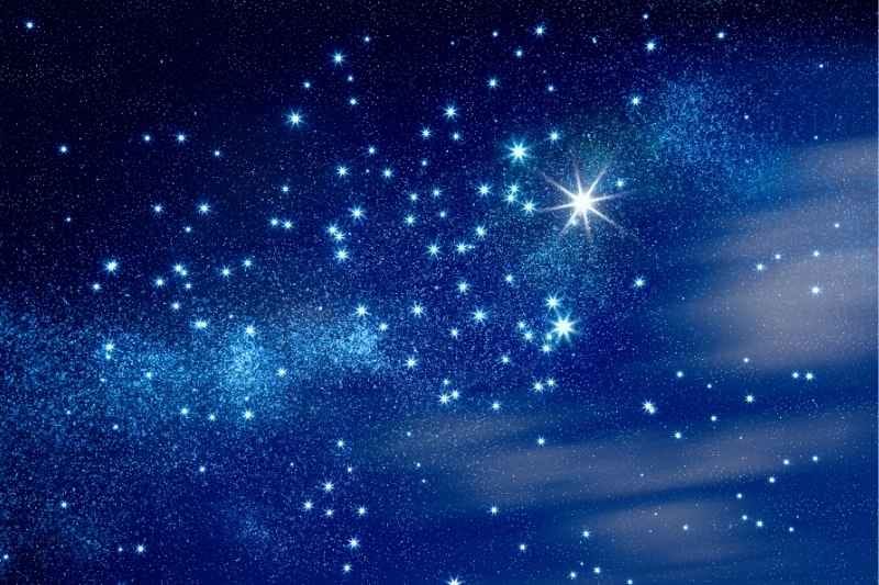 A sky full of twinkling stars at night, showing a tiny star named Twinkle struggling to shine brightly among the larger, glowing stars.