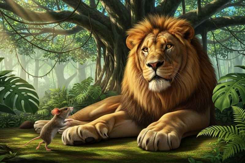 A small mouse quickly darts across the path of a sleeping lion in a quiet jungle, sunlight filtering through the trees in this timeless lion and mouse story.