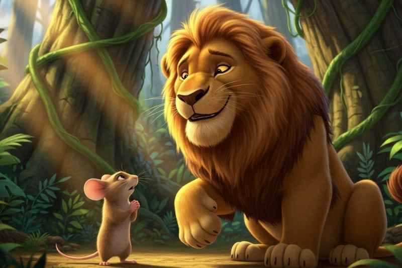 A small mouse pleads with the mighty lion in the forest, asking for mercy while the lion looks down with curiosity and kindness in this classic lion and mouse story.