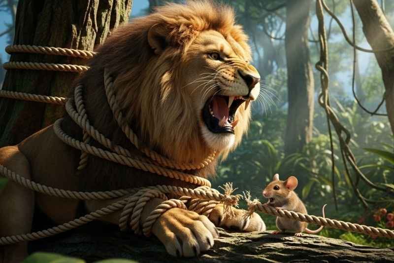 A brave little mouse gnaws through the ropes to free a captured lion trapped in a hunter’s net deep in the forest in this classic lion and mouse story.