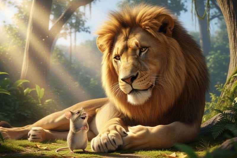 A lion and a mouse sit happily together in the peaceful forest, symbolizing friendship and the power of kindness in this timeless lion and mouse story.