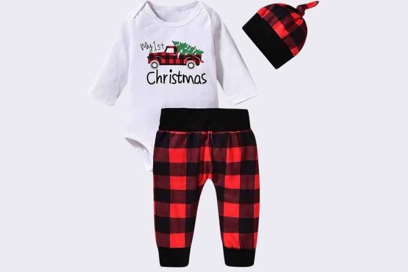 Baby girl and boy Christmas outfit set displayed as a flat-lay product image, featuring “My 1st Christmas” infant clothes for 0–18 months with festive red and green colors, cozy holiday wear, newborn Christmas romper, pants, hat, and accessories—ideal Christmas gift outfit for babies.