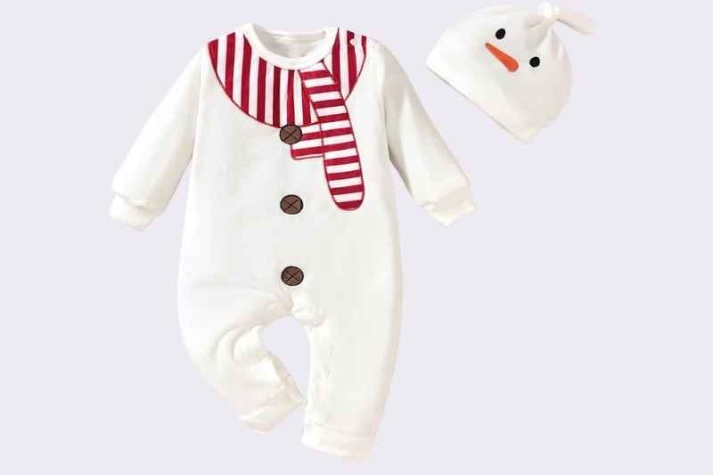 HIHA Baby Christmas Elf Romper Jumpsuit displayed as a product image, featuring white and red romper with matching hat; soft and breathable infant Christmas outfit, perfect for newborn and baby holiday photos, festive gatherings, and first Christmas celebrations.