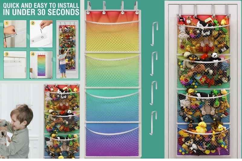 Hanging over-door organizer with multiple mesh pockets filled with stuffed animals — an easy, space-saving storage idea.