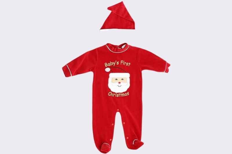 Just Love Christmas Coverall for Baby & Infant with Matching Santa Hat displayed as a product image; soft red coverall with matching Santa hat, cozy and comfortable baby Christmas outfit, perfect for newborns and infants, holiday wear, and festive celebrations.