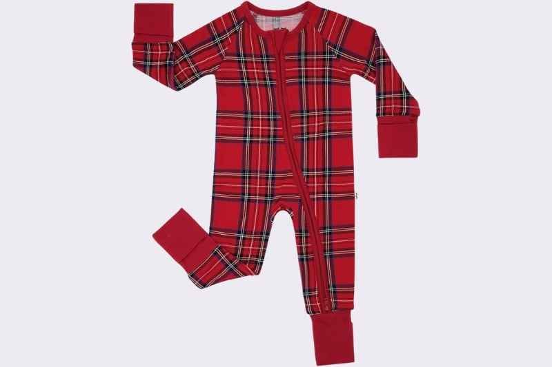 Little Sleepies baby boy Christmas outfit pajamas made from soft bamboo viscose; newborn and 0–3 month baby boy holiday sleeper with 2-way zipper; cozy red and green Christmas pajamas for baby boy photoshoot, Christmas Eve, and holiday bedtime; breathable infant Christmas outfit for winter nights.