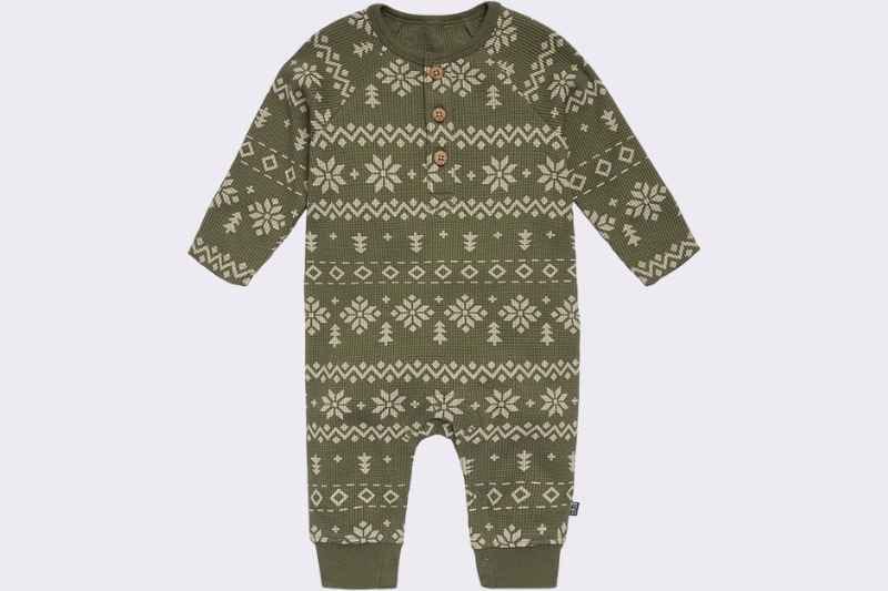 Modern Moments by Gerber Baby Henley Waffle-Knit Romper displayed as a product image; soft waffle-knit fabric, casual and comfortable infant romper for babies, ideal for everyday wear and holiday casual outfits.