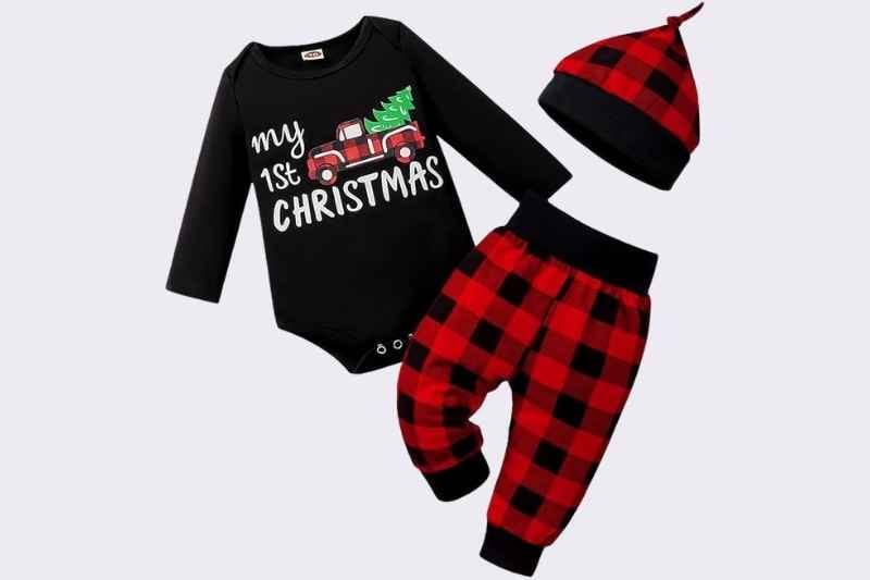 My First Christmas Baby Boy Outfit – Plaid Pants and Hat Set displayed as a product image in black with “My First Christmas” text; cozy and comfortable infant Christmas outfit, perfect for newborn and baby holiday wear.