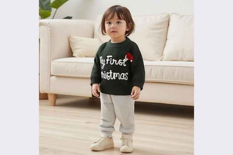 Baby girl standing in the drawing room wearing the Newborn Baby Girl/Boy Christmas Knit Sweater in black with “My First Christmas” embroidery; soft knit fabric, cozy and comfortable unisex baby Christmas outfit for newborns and infants.