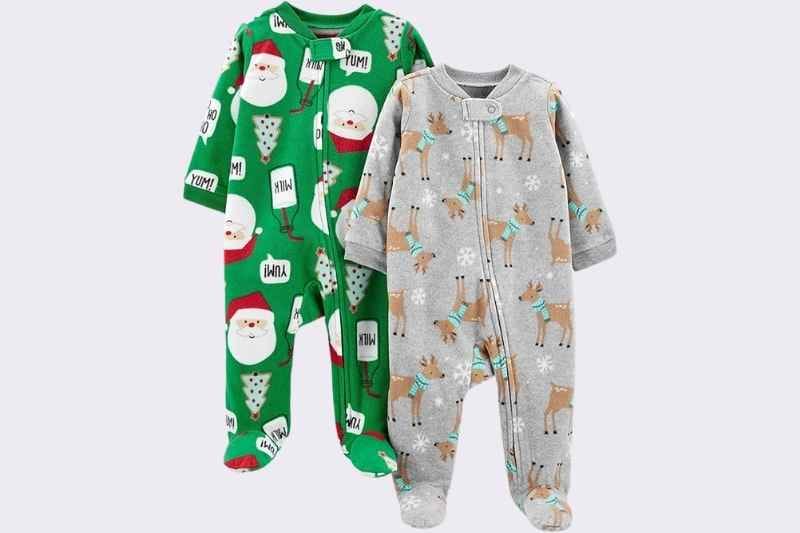 Simple Joys by Carter’s Unisex-Baby 2pk Fleece Santa Trees Pajamas displayed as a product image; soft fleece material, cozy and warm infant Christmas pajamas, unisex design suitable for baby boys and girls, perfect for holiday nights and Christmas Eve.
