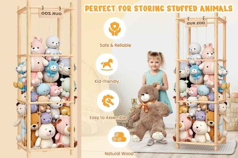 Wooden zoo-themed organizer with animal-shaped compartments holding plush toys — fun, creative toy storage for toddlers.