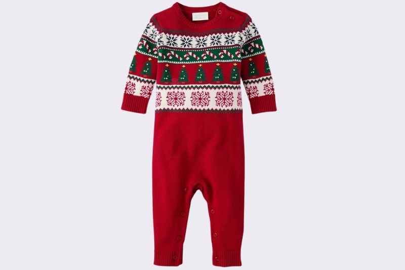 The Children’s Place Unisex Baby Knit Fair Isle Romper displayed as a product image, featuring soft knit fabric with classic red, white, and green Fair Isle pattern; cozy holiday romper for baby boys and girls, perfect for newborn to toddler Christmas outfits and festive winter wear.
