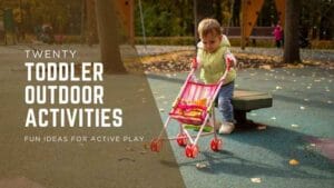 A toddler happily playing outside in a park, enjoying toddler outdoor activities and exploring nature freely.