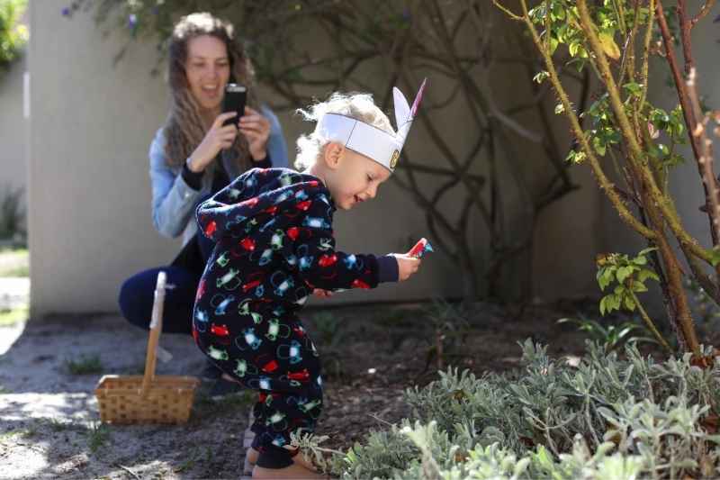 A toddler collecting pinecones in the yard, exploring nature and enjoying a winter outdoor activity.