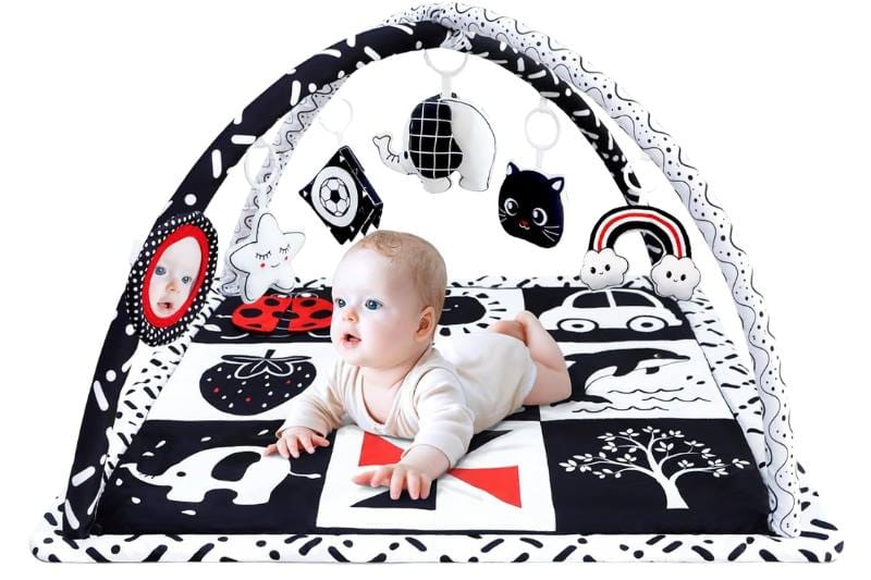 Poycuna black and white high contrast baby gym for newborn tummy time with sensory tummy time toys and soft baby tummy time mat