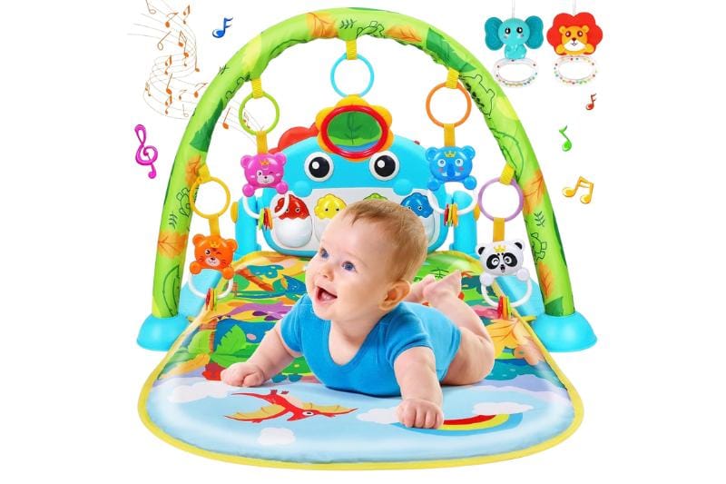 UMIKU musical baby gym play mat with dinosaur theme and piano for newborn tummy time and sensory tummy time activities