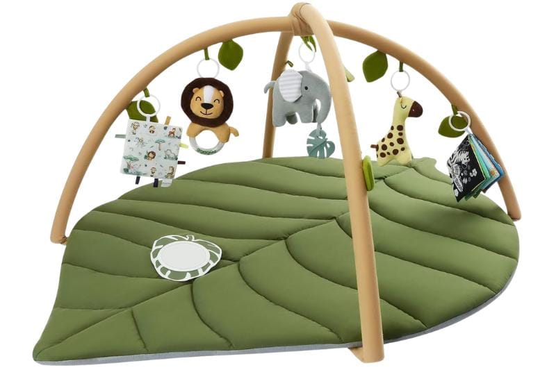 Blissful Diary baby tummy time mat with oversized leaf design, soft padding, non-slip bottom, and hanging toys for safe newborn tummy time activities