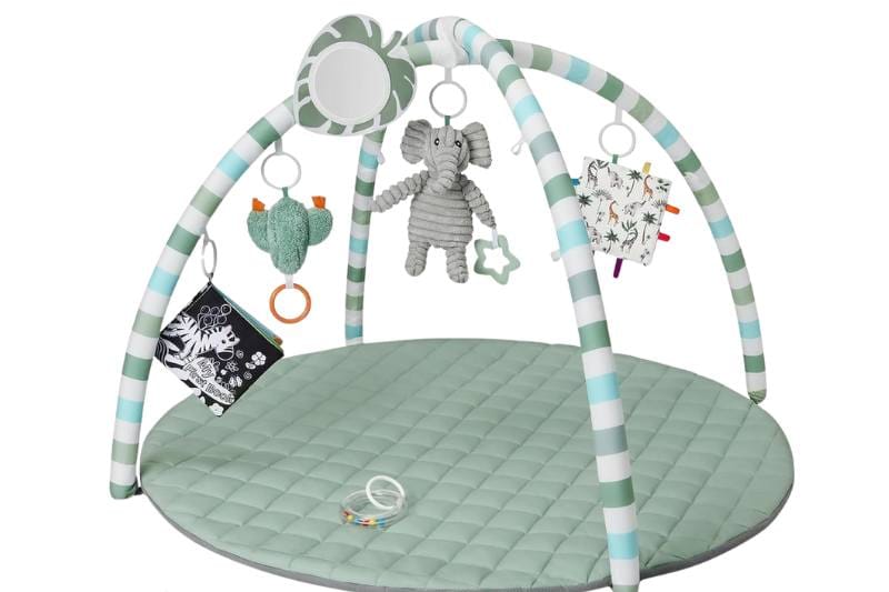 Blissful Diary sage green baby tummy time mat with minimalist tummy time gym design and soft baby-safe play surface