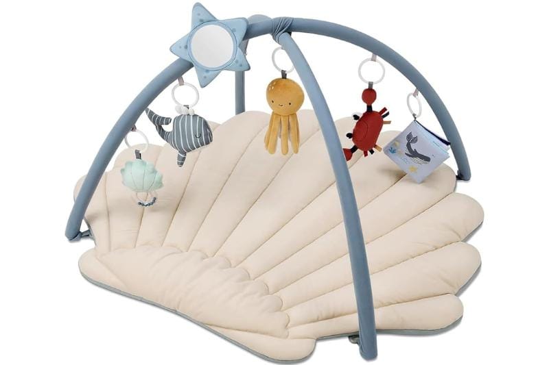 Blissful Diary shell baby tummy time mat with boho ocean theme, soft padding, and sensory tummy time toys for newborns