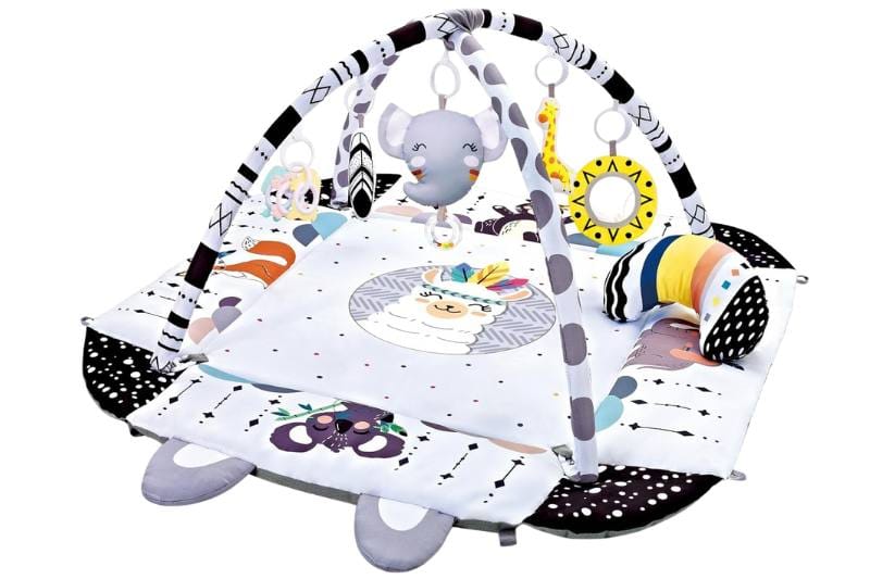 TFDER baby tummy time gym mat with soft padding, enclosed tummy time play area, and sensory tummy time toys for newborn babies